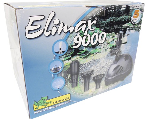 Verpakking van een Elimax 9000 vijverpomp met vijf jaar garantie