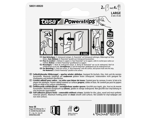 Tesa Powerstrips zelfklevende schilderijhaken, verwijderbaar zonder sporen, 2 stuks inclusief 4 strips, grote uitvoering, 2 cm x 5 cm