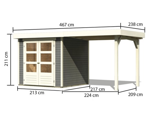 Afbeelding van een tuinhuis met carport en afmetingen