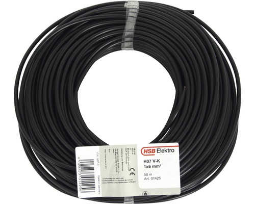 Zwarte H07 V-K elektriciteitsdraad, 1x6 mm², rol van 50 meter