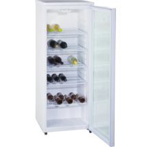 Open drankenkoelkast met diverse flessen op draadplanken.