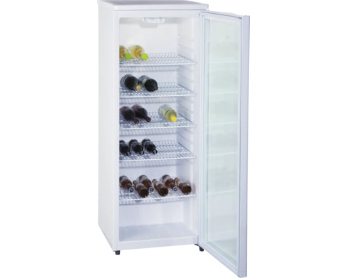 Open drankenkoelkast met diverse flessen op draadplanken.