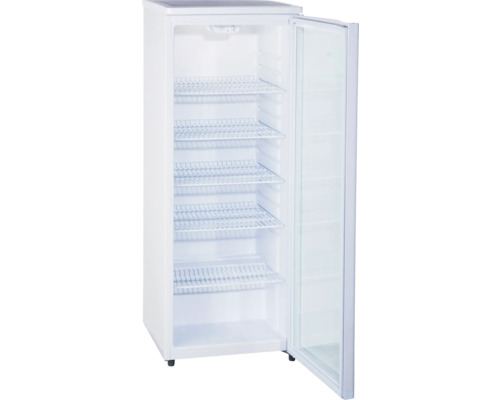 Vrijstaande diepvrieskast met open deur en meerdere planken