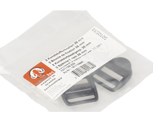 Twee kunststofgespen met een breedte van 25 mm in een verpakking