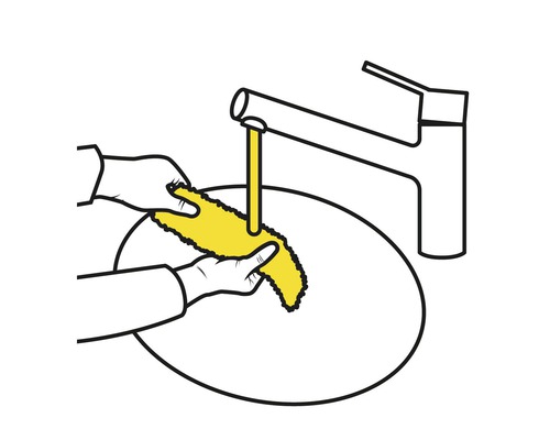 Illustratie: handen wassen een spons onder een kraan in een wastafel.