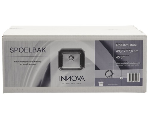 Verpakking van een rechthoekige spoelbak van roestvrij staal inclusief korfplug en wandoverloop