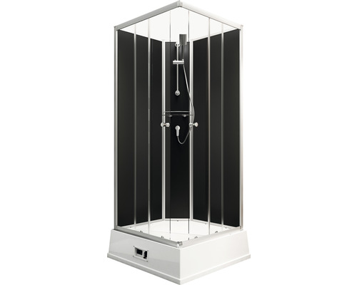 Complete douchecabine met zwarte achterwand en douchegarnituur