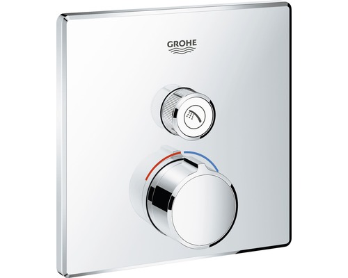 Grohe logo. Douchearmatuur met twee knoppen voor temperatuurregeling en straalsoortselectie.