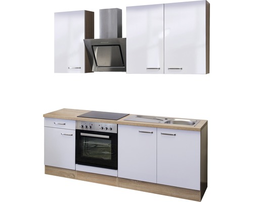 Keukenblok met spoelbak, fornuis, oven, afzuigkap en hangkasten