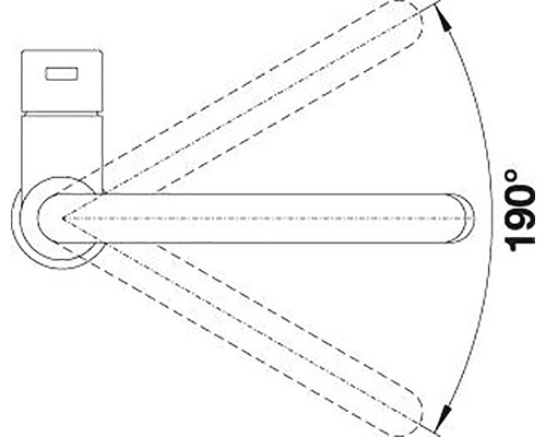 Schets van een deurklink met een draaibereik van 190 graden