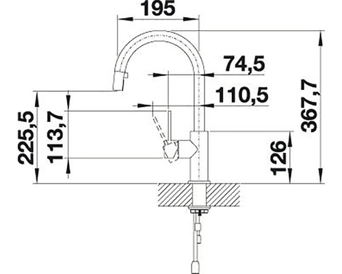 Technische tekening van een keukenkraan met afmetingen