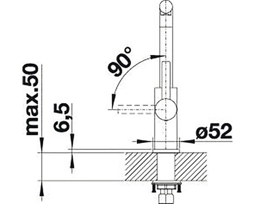 Technische tekening van een keukenkraan met afmetingen
