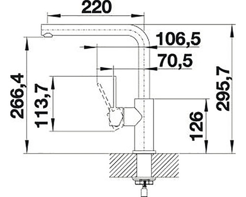 Technische tekening van een keukenkraan met afmetingen