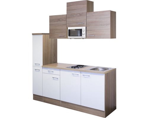 Moderne keuken met boven- en onderkasten, spoelbak, kookplaat en magnetron