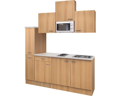Complete kitchenette met boven- en onderkasten, werkblad, spoelbak, kookplaat en magnetron
