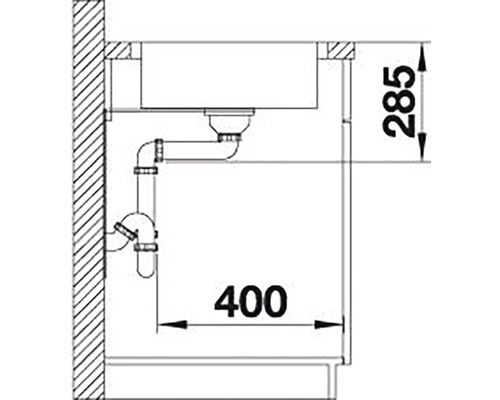 Technische tekening van een gootsteen met afmetingen