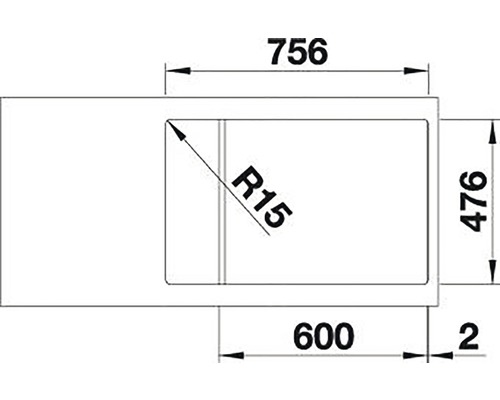 Schets van een spoelbak met afmetingen