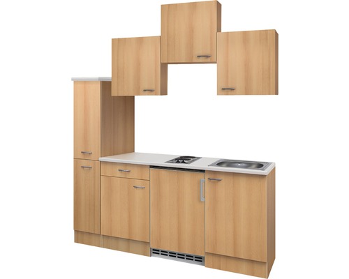 Compacte keuken met spoelbak, kookplaat en bovenkasten