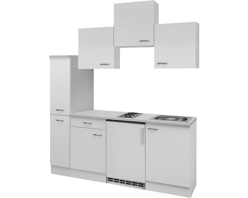 Compacte kitchenette met wasbak, kookplaat, koelkast en hangkasten.