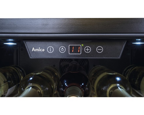 Amica logo, bedieningspaneel van een wijnkoelkast met temperatuurweergave