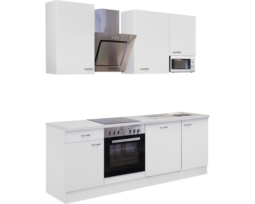 Complete keuken met gootsteen, kookplaat, oven, afzuigkap, magnetron en bovenkasten