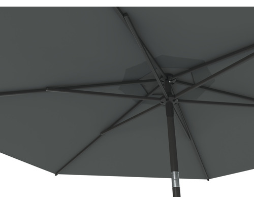 Detail van een open parasol met baleinen en mast