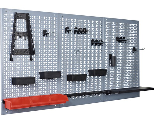 Gereedschapswand met gereedschapsbakken en haken voor gereedschapsorganisatie