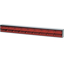Stellingkast met rode opbergbakken