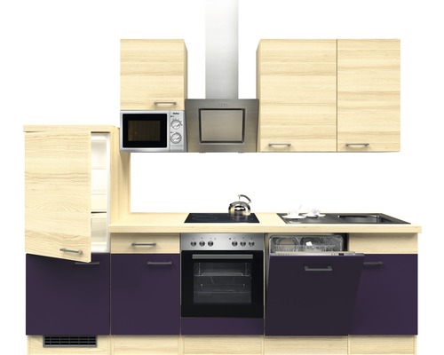 FLEX WELL Keukenblok met apparatuur Focus acacia en aubergine mat 280x60 cm