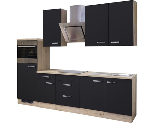 Complete keukenopstelling met elektrische apparaten, spoelbak, kookplaat, afzuigkap, lades en kasten