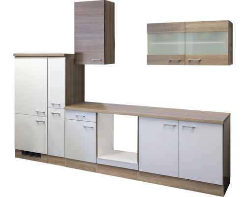 FLEX WELL Keukenblok zonder apparatuur Samoa wit en sonoma eiken mat 300x60 cm Keukenblok met onder- en bovenkasten en werkblad