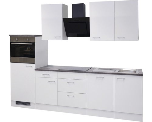 Complete witte keuken met boven- en onderkasten, spoelbak, fornuis en afzuigkap