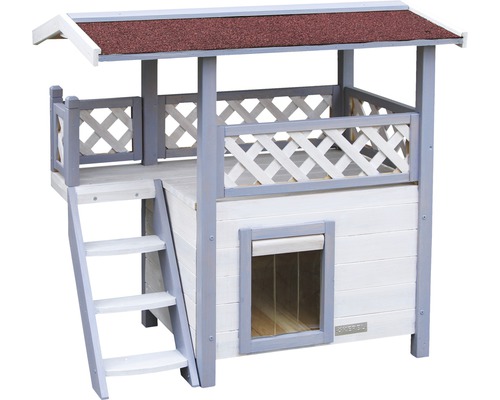 Houten hondenhuis met twee verdiepingen, ladder en overdekt balkon