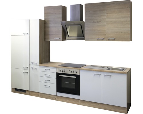 Keukenblok met spoelbak, kookplaat, oven, afzuigkap en kasten