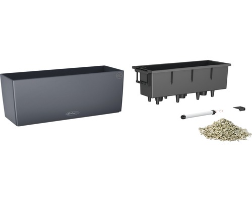 Grijze plantenbak met irrigatiesysteem en accessoires