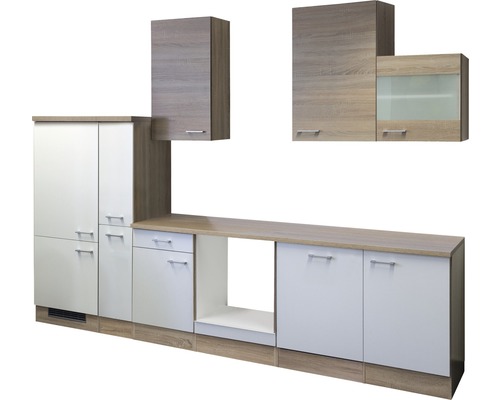 FLEX WELL Keukenblok zonder apparatuur Samoa wit en sonoma eiken mat 310x60 cm Keukenblok met onder- en bovenkasten in houtlook en wit