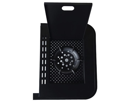 Zwart gasfornuis met open deksel