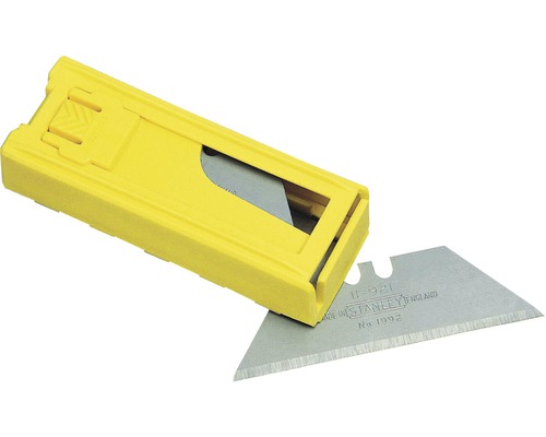 Gele messendispenser met trapeziumvormige messen