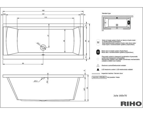 Technische tekening van het Julia 160x70 bad met maatvoering