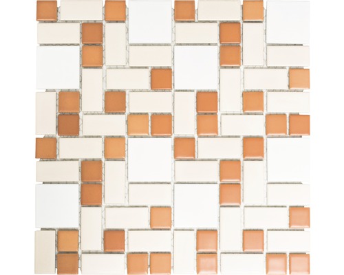 Mozaïektegel keramisch BS 119 wit/beige/terracotta mix 31,5x32 cm Keramische mozaïektegel met vierkante en rechthoekige elementen