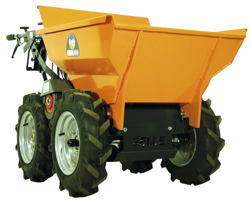 Belle Logo op een motor aangedreven dumper met laadbak en wielen