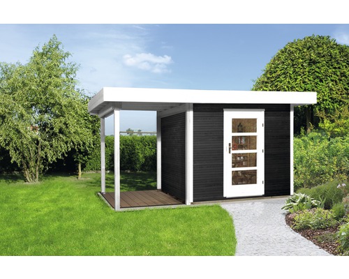 Modern tuinhuis met plat dak en overdekt terras in de tuin