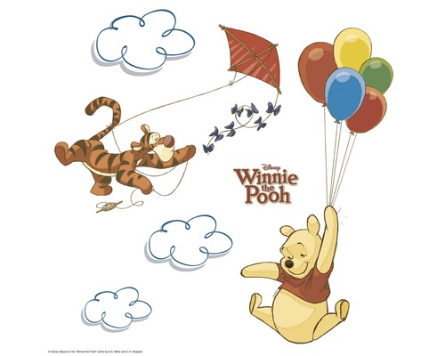 Winnie de Poeh muursticker met Teigetje, Poeh, wolken, draken en ballonnen