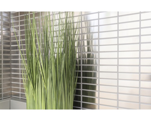 Wanddecoratie met rechthoekige, glanzende tegels en siergras