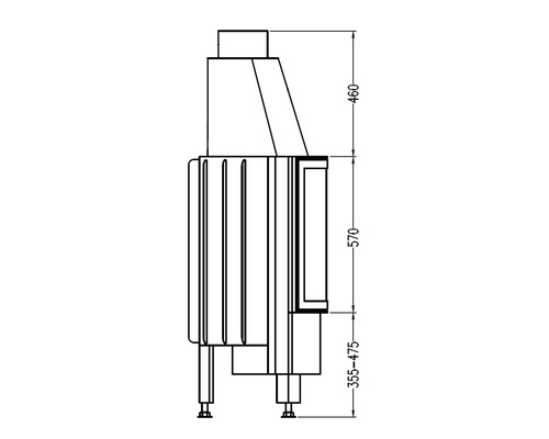 Technische tekening van een houtkachel met afmetingen.