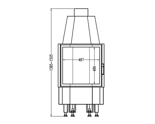 Technische tekening van een open haard met hoogte- en breedteafmetingen
