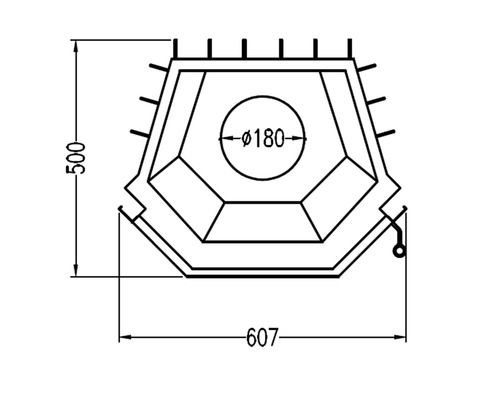 Technische tekening van een opzetstuk voor een kachel met afmetingen