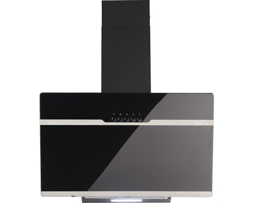 Afzuigkap met zwarte glazen voorkant en afvoerbuis