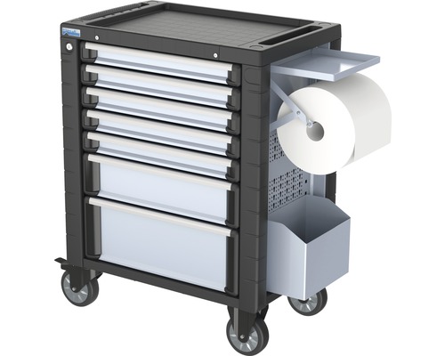 Werkplaatswagen met zeven laden, papierrolhouder en afvalbak