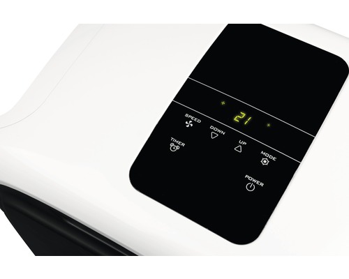 Bedieningspaneel van een airconditioner met temperatuurweergave, snelheid, timer, omhoog, omlaag, modus en aan/uit-knop.